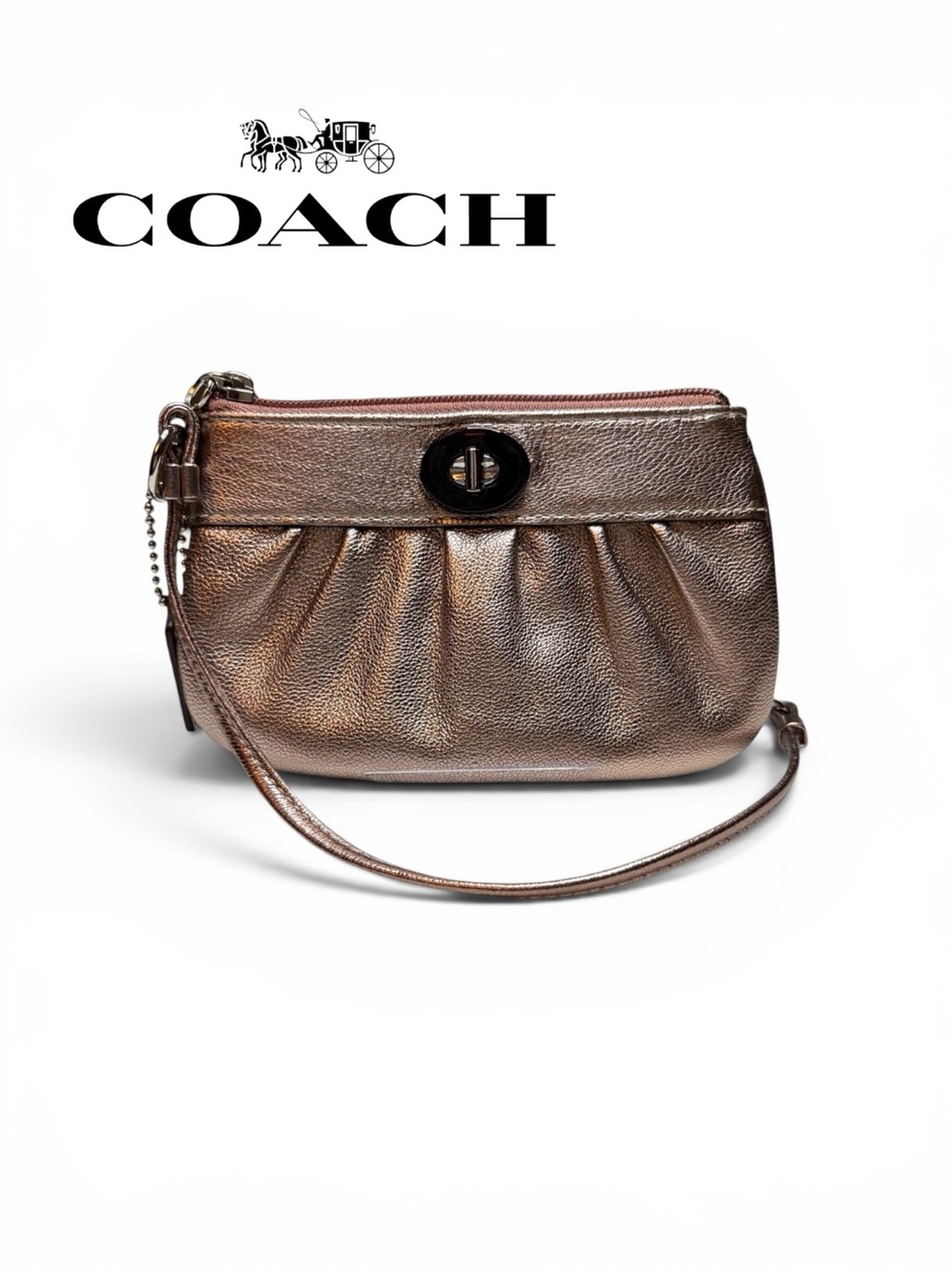 Coach Metallic Rose Gold Poppy Pleated Wristlet Turnlock Clutch EUC